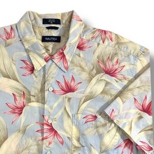 Nautica Mens XL Aloha Hawaiian Floral Print Short Sleeve Camp Shirt Blue